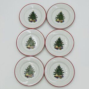 Set Of 6 Cuthbertson American Christmas Tree Bread Plates 6.5" Red Ring Vintage